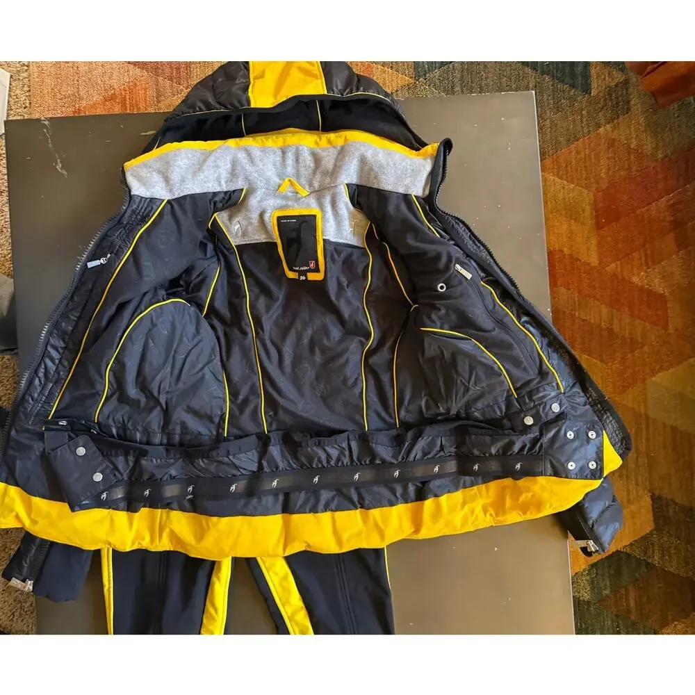 Toni Sailer Women Black Yellow Ski Suit Set Jacket  Pants Size 6 36 EU Alpine